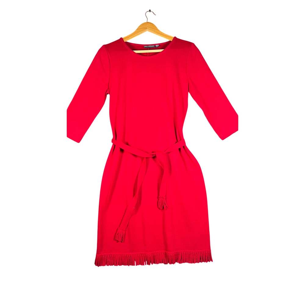 Nina Leonard Womens M Red Fringe Sweater Dress Tie Belt 3/4 Sleeve Knit Sheath